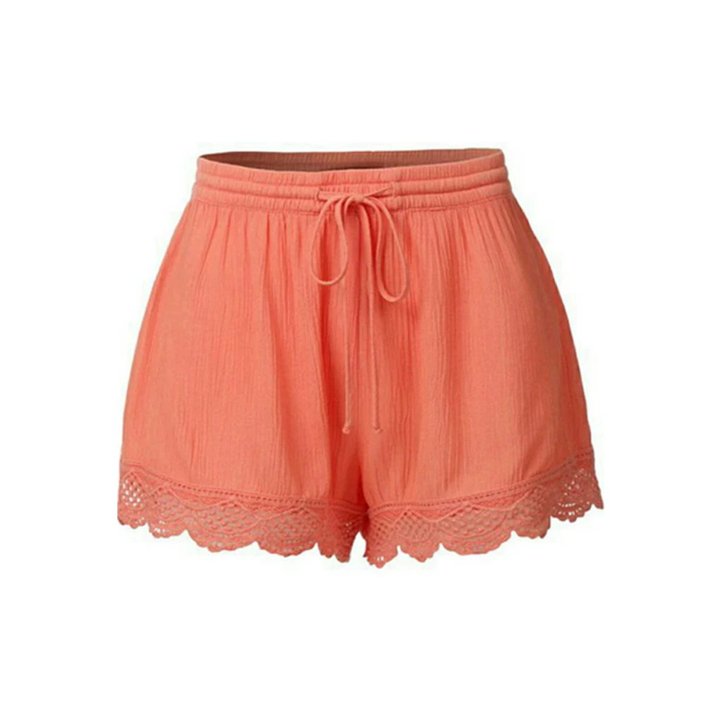 European Summer Shorts Women Vintage Beach Solid Elastic Waist Bow
