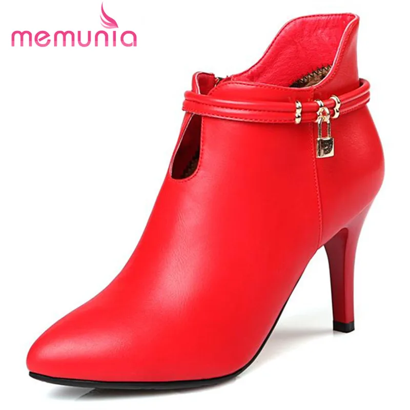 

MEMUNIA Party wedding ankle boots for women soft leather pu autumn boots fashion elegant pointed toe thin heels cut-outs boots