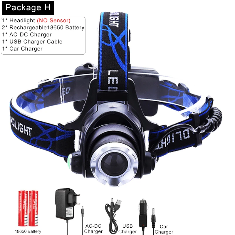 Сенсорный светодиодный светильник на голову, Мощный T6/L2/V6 налобный фонарь, USB головной светильник, масштабируемый Головной фонарь, водонепроницаемый головной светильник - Испускаемый цвет: Package H