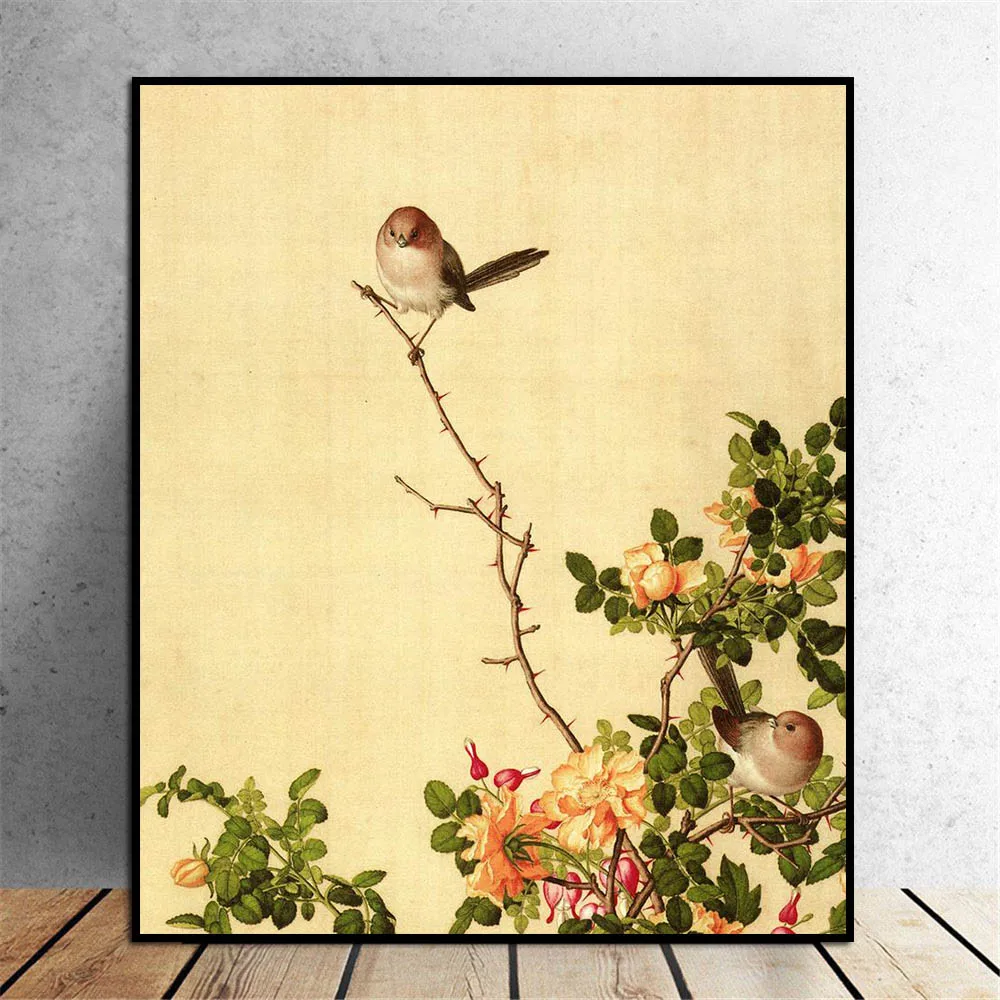 

Vintage Animal Poster Birds and Rose Vines Traditional Chinese Painting Print On Canvas Flower Bird Wall Art Home Decor Picture
