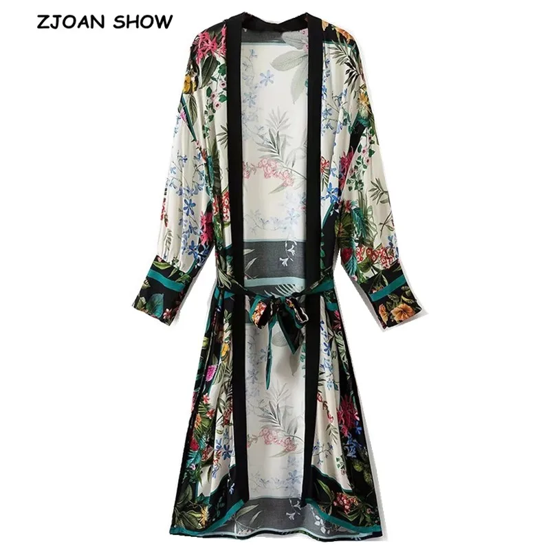 

2019 Ethnic Leaves Flower Print with sashes Kimono Shirt Retro New Bandage Long Cardigan Blouse Tops blusas chemise femme blusa