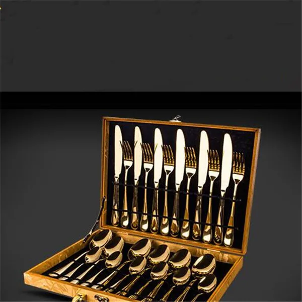 

24Pcs/Set Stainless Steel Gold Flatware Set with Case Box Steak Knifes Dinner Forks Coffee Spoon High Quality Tableware Kit Gift