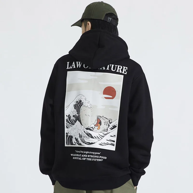  Aolamegs Hoodies Men Japanese Funny Cat Wave Hooded High Street Thick Pullover Sweatshirt Men Fleec