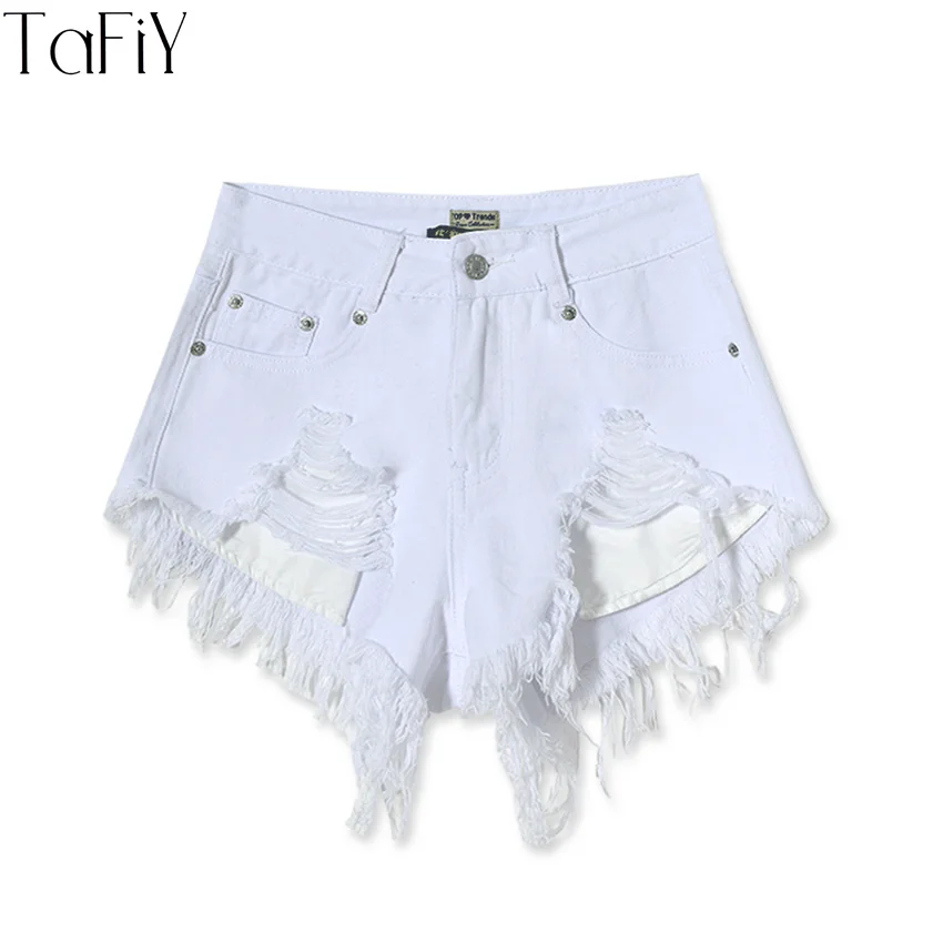 TaFiY женские джинсовые модные белые рваные джинсовые шорты с кисточками ассиметричный, с высокой талией джинсы короткие летние женские рваные джинсовые шорты