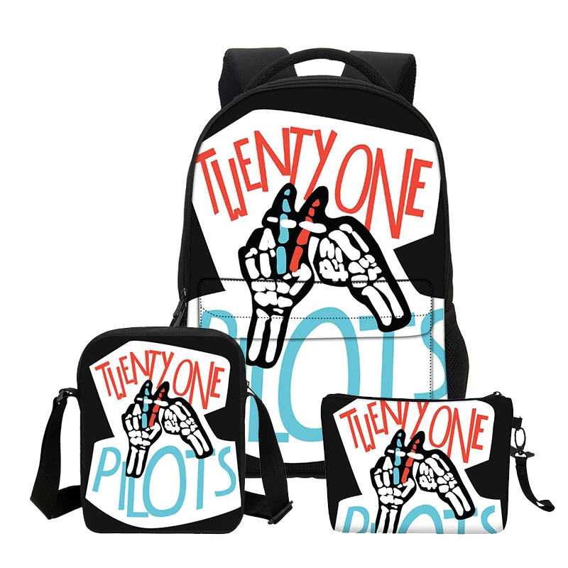 

VEEVANV 3 PCS/SET Canvas School Backpacks Pencil Case For Teenage Girls Twenty One Pilots Print Shoulder Bags Cartoon Bookbags