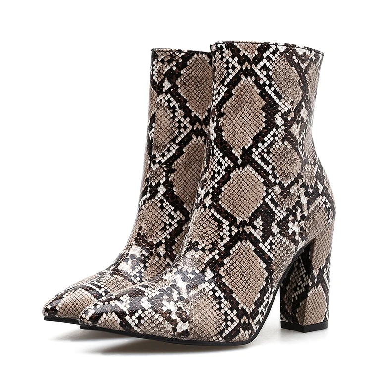 

Womens Pointed Toe Ankle Boots Snake Skin Pattern Block Chunky High Heel Side Zipper Shoes Gladiator A450