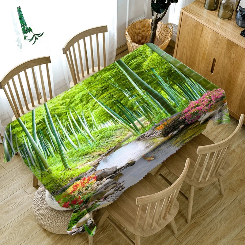 

3D Outdoor Bamboo Stream Tablecloth Nature Landscape Dustproof Washable Cloth Thicken Cotton Rectangular and Round Table Cloth