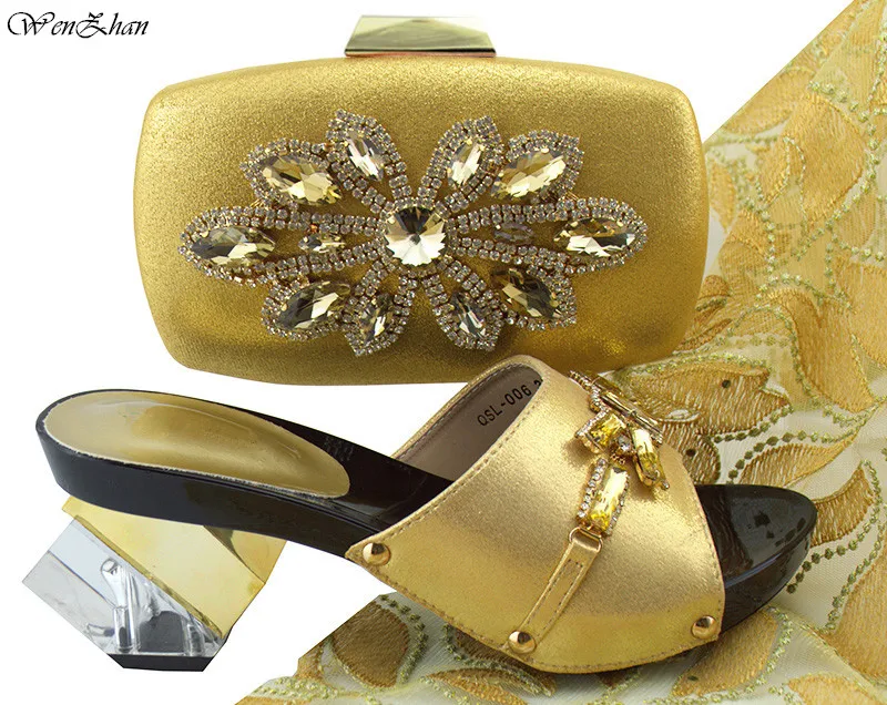 Ladies Italian Shoes and Bag Set Decorated With Crystal Gold Shoes With