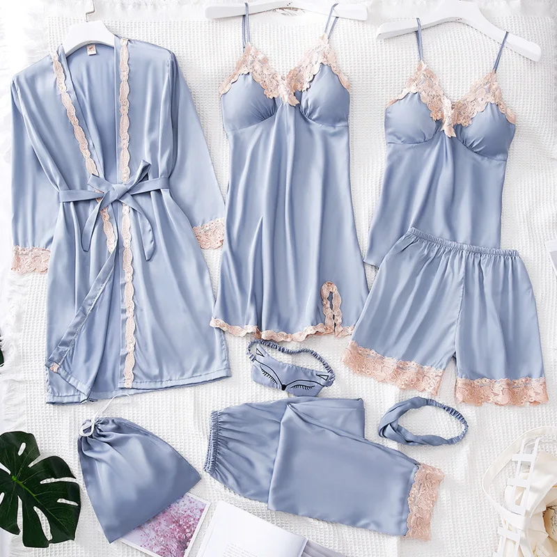 

2019 Women Pajamas 8 Pieces Satin Sleepwear Pijama Silk Home Wear Home Clothing Embroidery Sleep Lounge Pyjama with Chest Pads