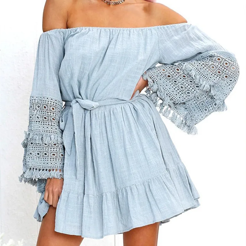 

Summer clothes women 2019 new dress off shoulder flare sleeve party ladies dresses sexy casual autumn lace tassel backless dress