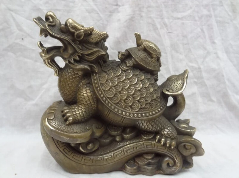 

S3769 8" Chinese Bronze Wealth YuanBao Coin Longevity Dragon Turtle On RuYi Statue D0317