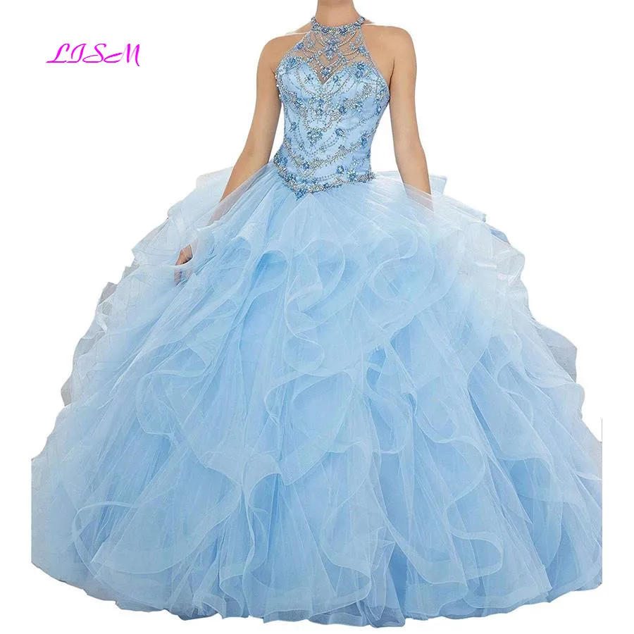 

Organza Crystals Beaded Ball Gown Quinceanera Dresses Sweet Vestidos De 15 Anos Custom Made Sky Blue Halter Long Prom Gowns