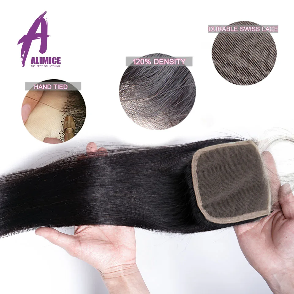 Alimice Hair Indian Straight Human Hair Bundles With Closure 3 Bundles Hair Extensions With Closure Natural Color Straight Hair