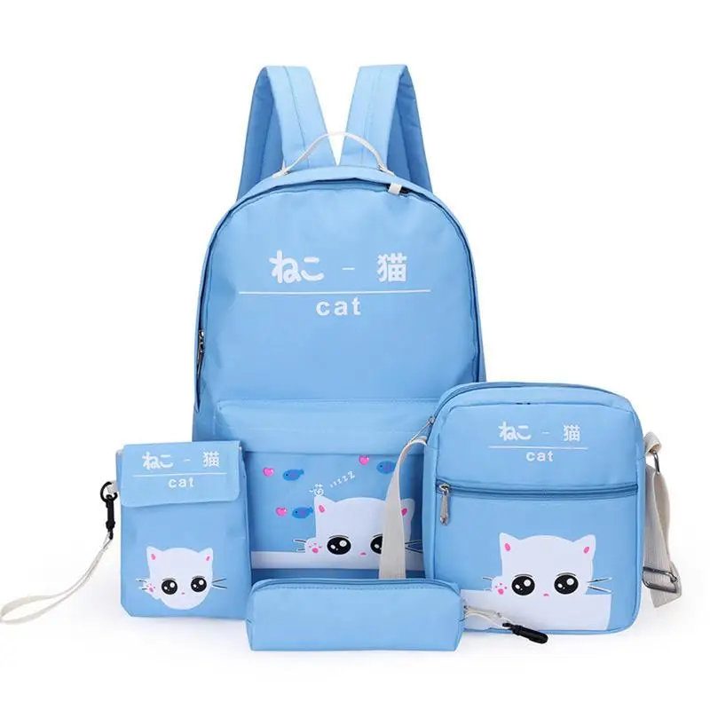 4 шт. набор рюкзак Япония корейский мода мультфильм милый кот Сумка маленький принт консервативный стиль школьные рюкзаки для девочек-подростков - Цвет: Синий