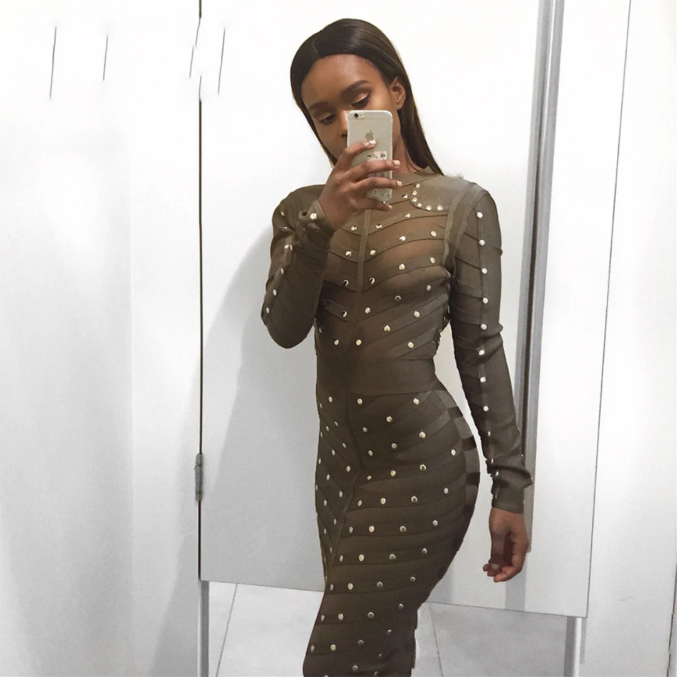 Seamyla 2018 New Winter Celebrity Party Dress Women Knee Length Bodycon Dresses Sexy Mesh Long Sleeve Beaded Bandage Dresses Seamyla 2018 New Winter Celebrity Party Dress Women Knee Length Bodycon Dresses Sexy Mesh Long Sleeve Beaded Bandage Dresses