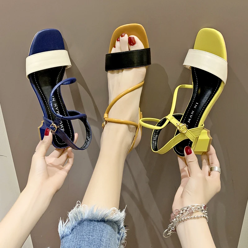 

Summer Ladies Sandals Ankle Buckle Strap Women Shoes Peep Toe Cross Tie Mid Heels Shoes Woman Mixed Color Wedding Party Sandals