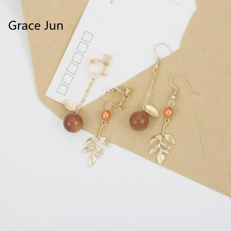 

Handmade Gold-color Stone Clip on Earrings No Pierced for Women Charm Long Chain Leaf Pierced Earrings Best Jewelry Not Allergy