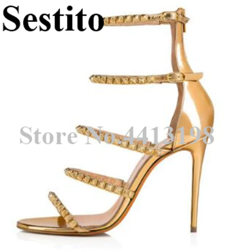 

2019 Summer Fashion Crystal Rivet Narrow Band Shoes Sandals Peep Toe Super High Thin Heel Casual Women Sandals Zip Ladies Shoes
