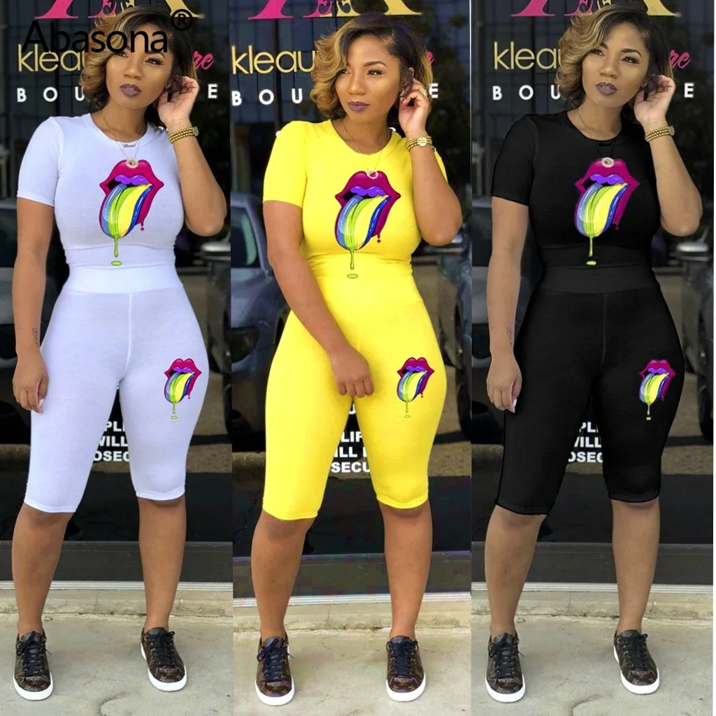 

2019 Women Summer O-neck Short Sleeve Tongue Painting Tee Crop Top Skinny Knee Length Shorts Pants Suit 2 Piece Set Tracksuit
