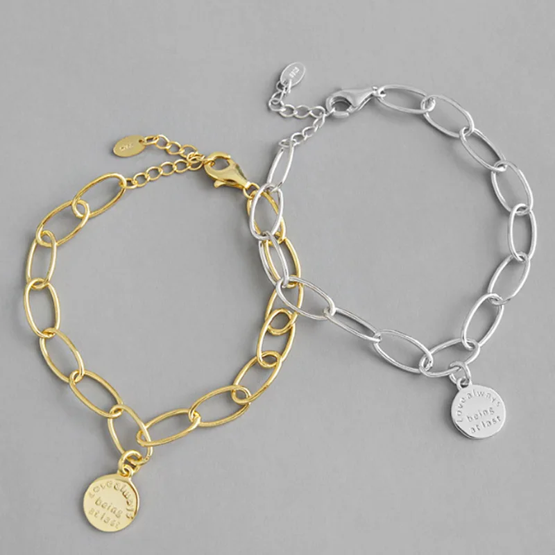 

1pcs/lot Retro 925sterling silver Round Tag Charm Bracelet Letter Engraved Coin Jewelry silver Gold color Women's Bracelet