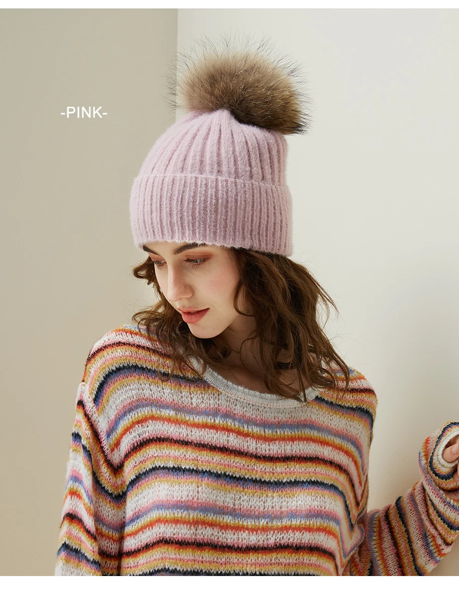 Woman Winter Hat Imitation Mink Fur Slouchy Beanie Thick Warm Turban Femme Straight Crochet Wool Hat Fur Pompom Skullies Beanies (7)
