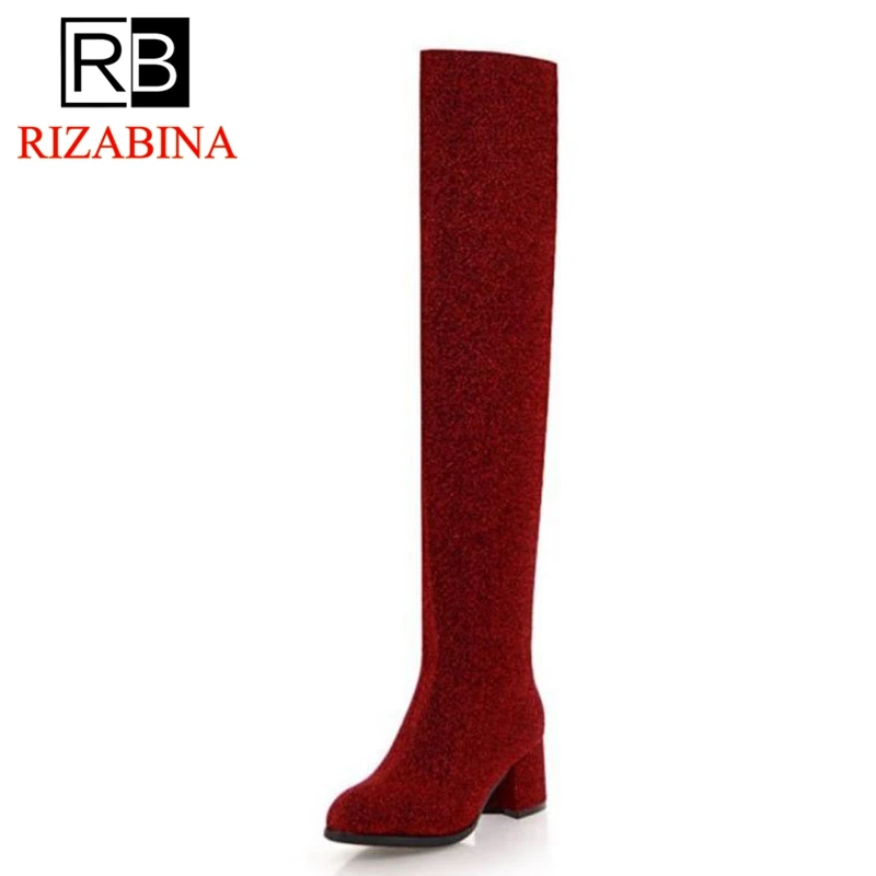 

RIZABINA Sexy Office Lady High Heel Boots Elastic Slim Thigh High Shoes Women Warm Winter Stretch Boots Party Shoes Size 32-43