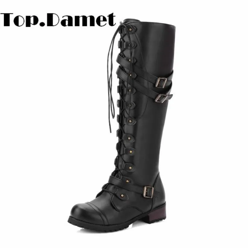 

Top.Damet Knee High Boots Woman Autumn Winter Warm Zipper Leather Motorcycle Boots Fashion Rivet Round Toe Female Long Boots