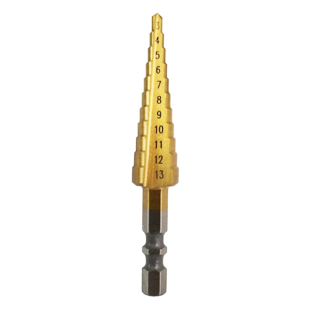 

6.35mm Hex Shank 3-13mm 11 Sizes Titanium Coated HSS Step Cone Drill Bit Taper Cone Hole Cutter