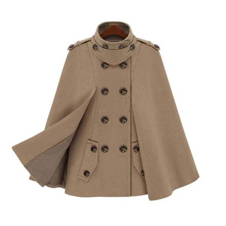 European Women New Fashion Shawl Cape Coat Double Breasted Wool Winter