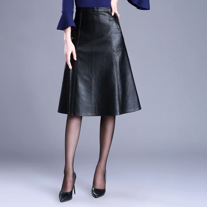 

New Arrival Office Lady Solid Color Pu Leather A Line Knee-length Empire Skirt Free Shipping WXH-039