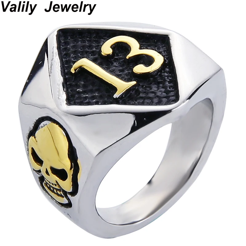 

Valily Golden Number 13 Skull Head Carved Unisex Biker Ring Stainless Steel fashion punk gothic band ring for men Women,US Size