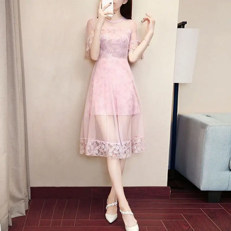 Новое летнее женское кружевное лоскутное Сетчатое платье, женские сексуальные прозрачные вечерние платья, женские однотонные тонкие платья Z340 - Цвет: pink