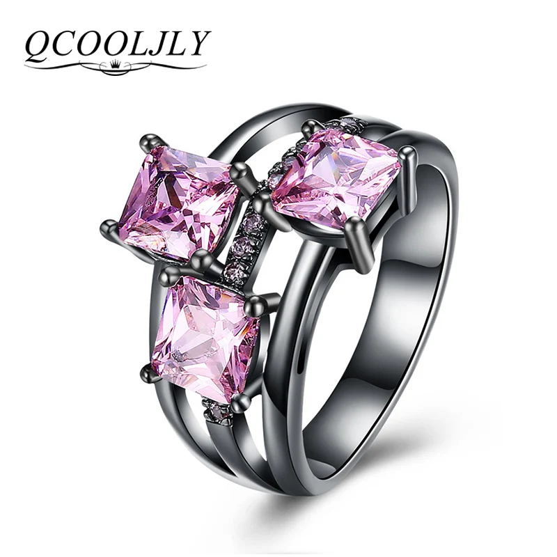 

QCOOLJLY Fashion Blue Pink Purple Crystal Black Gold Color Cocktail Party Rings For Women Full Size Ring Wholesale Top Quality