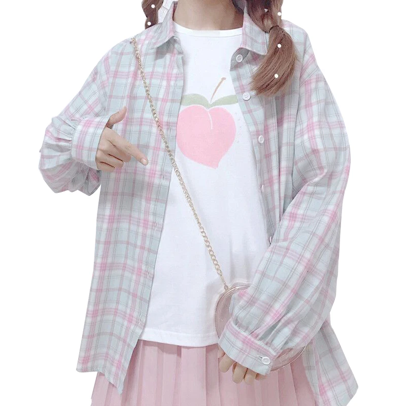 Корейский Harajuku милые вещи для женщин блузка в клетку с длинным рукавом Свободные розовая рубашка повседневное сладкий кардиган для