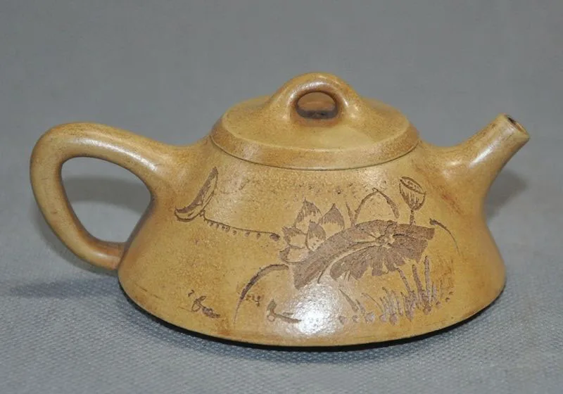 

Crafts statue Old Chinese Yixing Zisha Pottery Masters Carved Calligraphy Teapot Tea maker pot halloween