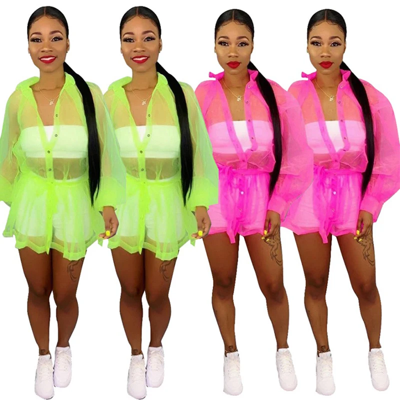

Mesh Transparent Turn-Down Collar Button Full Sleeve Women Fashion Casual Coat