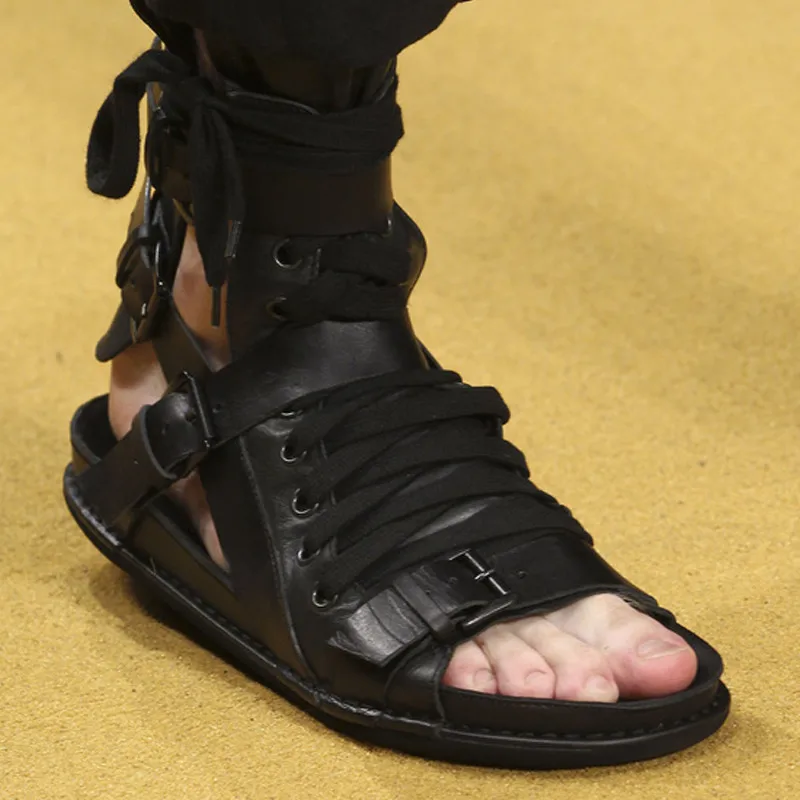 

Sandalias Hombre Genuine Leather Lace Up Gladiator Sandals Boots Peep Toe Toe Buckles Men's Shoes Flats Men Sandals