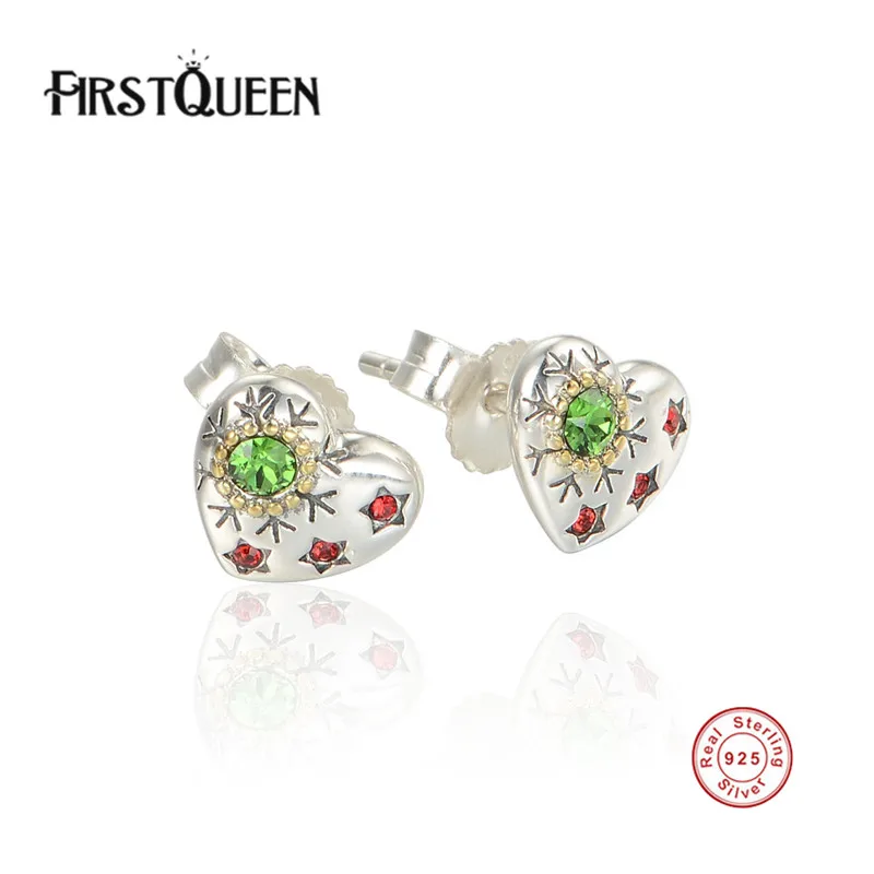 

FirstQueen 925 Sterling Silver Christmas Snowflake Stud Earrings Mixed & Green CZ Pink Heart Women Engagement
