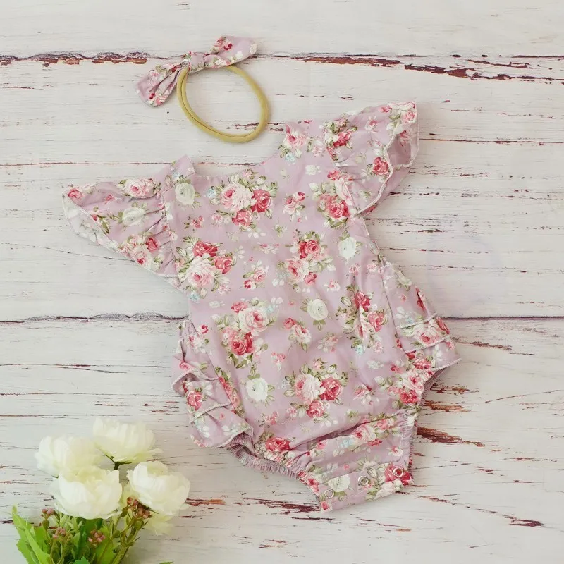 Cotton Baby Girl Clothes Costumes Floral Print Headband Boutique Summer For Newborn Cute Vintage Rompers Jumpsuit 0 3 6 Months - Цвет: A7