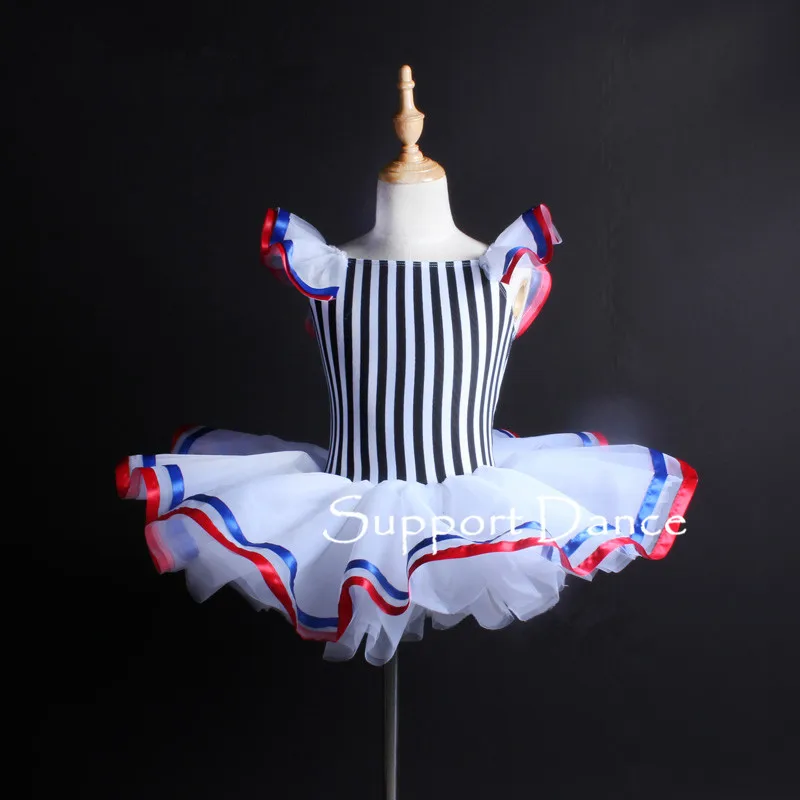

Girls Flutter Sleeve Striped Ballet Tutu Dress Women Ribbon Performance Dance Costume C249