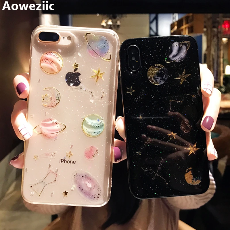 

Aoweziic Flicker sky transparent For iPhone X XS MAX XR black mobile phone shell 6S silica gel edge 7plus girl 8plus wrestling