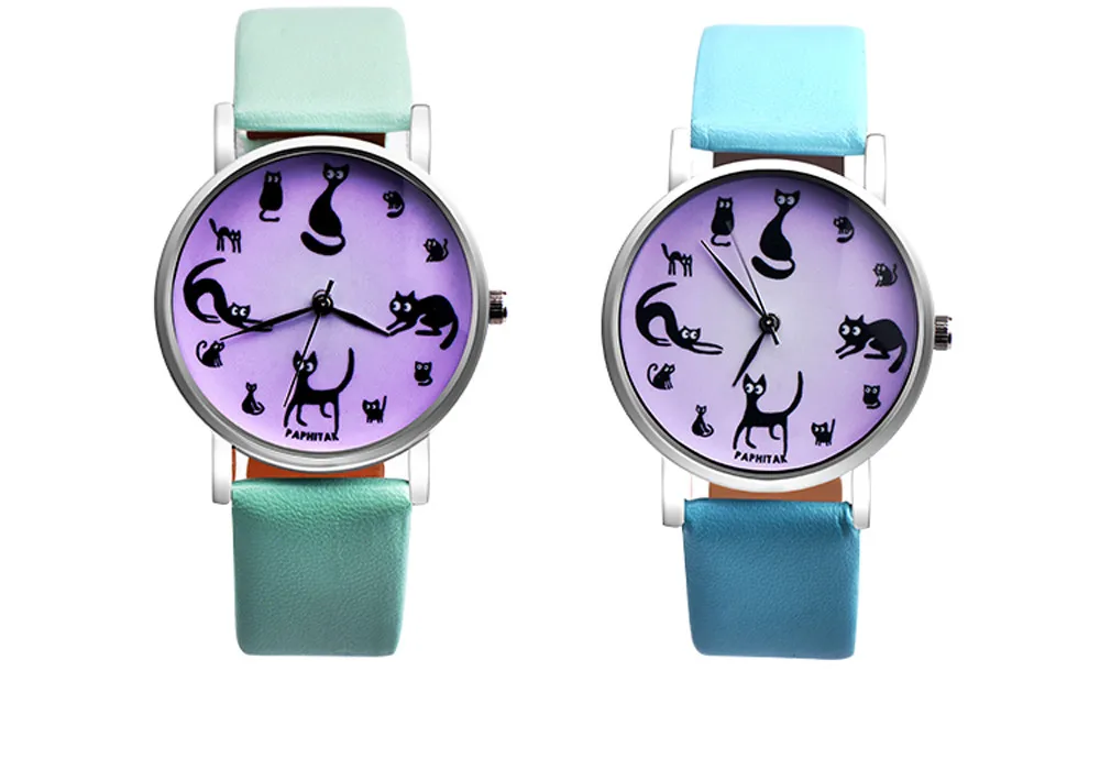 Small Fresh Classic Fashion Leather Women Quartz Wristwatch Simple Cute Cat Printing Dial Casual Ladies Watch Clock Reloj 533