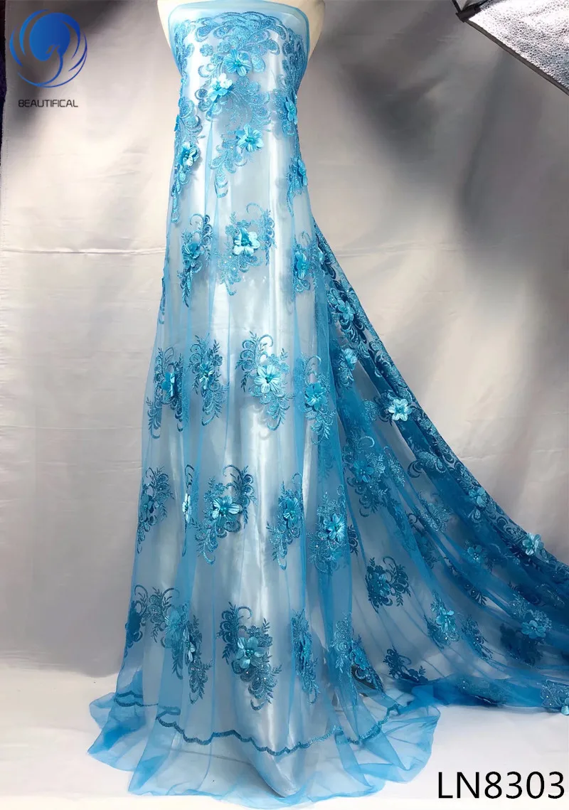 

BEAUTIFICAL Blue african lace fabrics 2018 New arrival 3d french net lace fabric with beads/stoens nigerian lace 5yards/lot LN83