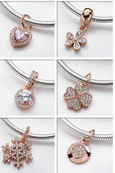 

igh Quality 925 Sterling Silver Rose gold series radiant Dangle Beads Fits Pandora Style Charm Bracelets Female DIY accessorie