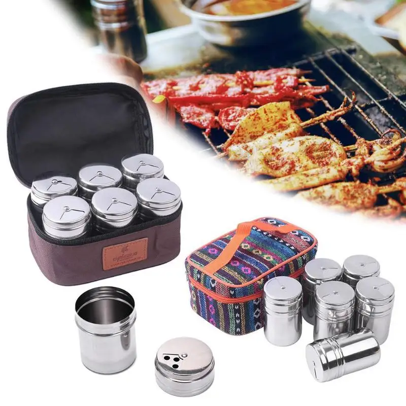 6 unids/bolsa barbacoa especias condimento botellas Camping especias tarro botella condimento vajilla al aire libre de acero inoxidable barbacoa herramientas