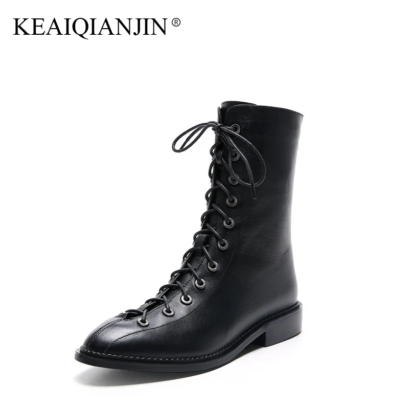 

KEAIQIANJIN Woman Lace Up Ankle Boots Autumn Winter Black Punk Boots Plus Size 33 - 40 Shoes Genuine Leather Martens Boots 2017