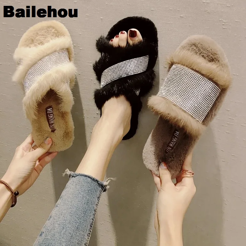

Bailehou Women Fur Slippers Warm Plush Home Slipper Crystal Slip On Slide Women Flat Casual Shoes Fashion Brand Rhinestone Shoes