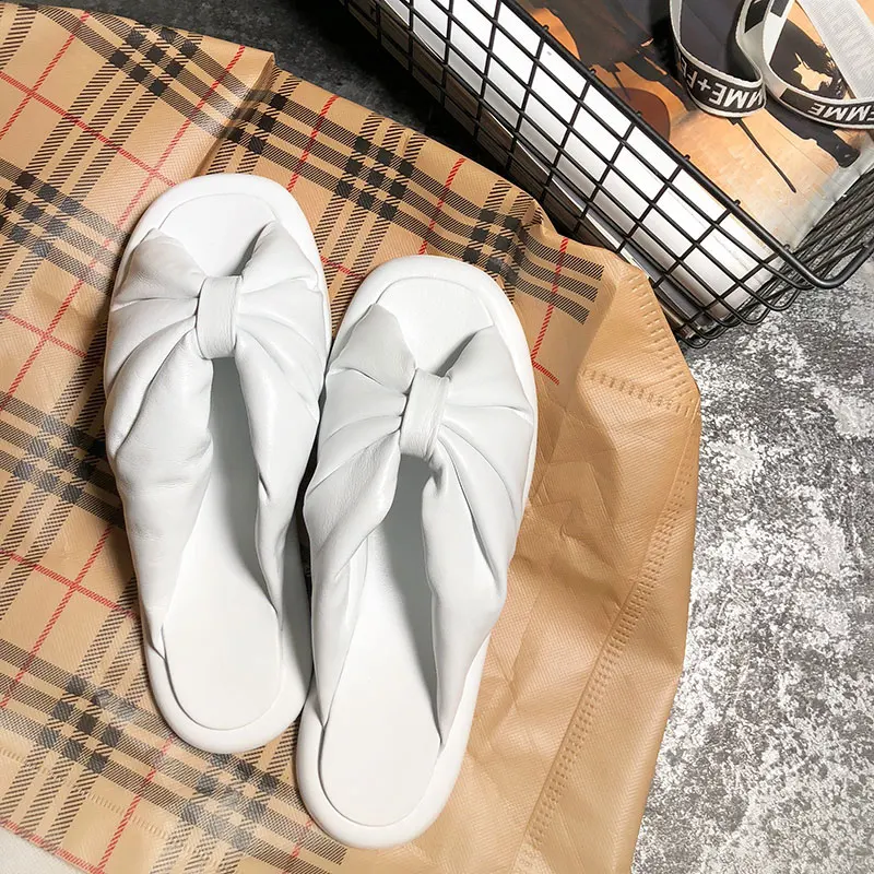 

2018 Hot Spring Summer Shoes Woman Flats Cozy Open Toe Bow Knot Lazy Slippers Designer Sheepskin Slides Woman Outside Slippers