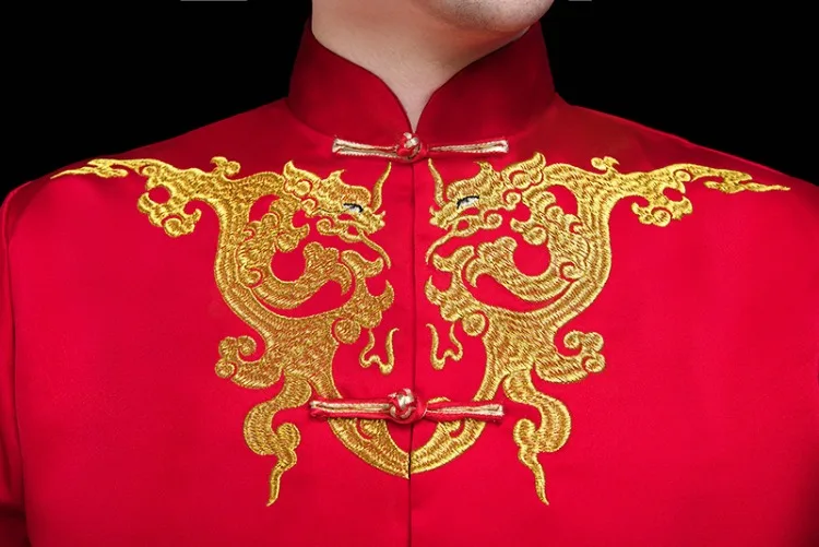 Традиционный красный китайский свадебная одежда Винтаж Жених Cheongsam Мужской hanfu вышивка Восточный Стенд воротник Тан костюм наборы