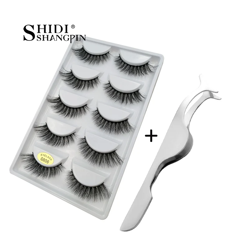 

SHIDISHANGPIN 5 pairs mink eyelashes + 1 piece eyelash tweezers hand made false eyelashes natural long lashes makeup tools G8TW